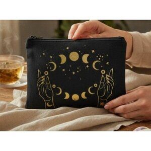 Moon Phase Black Canvas Zipper Pouch 9"x7" Mystical Hand Celestial